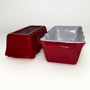 Set of 2 Crate & Barrel Nantucket Red Scalloped Mini Loaf Pans Stoneware Retired